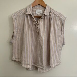 Pomander Place Beige and White blue Striped Blouse cotton size Large